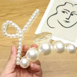 RosaStella 2 Pcs Large Pearl Hair Claw Clips White Hair Clips Thick Long Hair Jaw Clips Clutches Barrettes Hair Accessories for Women