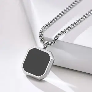 JAWEXA Black Cubic Silver Coated Bar Pendant Necklace For Mens and Grils Silver Plated Stainless Steel Chain