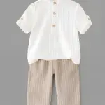 Timelesds Boys Casual Shirt Trouser (White & Cream, Pack of 1)