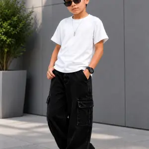 WOMANLACE Boys Loose Fit Mid Rise Black Jeans