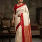 Silk Loomluxe Woven, Solid/Plain, Temple Border Kanjivaram Handloom Art Silk Saree (Red, Cream)
