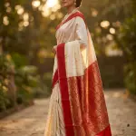 Silk Loomluxe Woven, Solid/Plain, Temple Border Kanjivaram Handloom Art Silk Saree (Red, Cream)