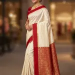 Silk Loomluxe Woven, Solid/Plain, Temple Border Kanjivaram Handloom Art Silk Saree (Red, Cream)