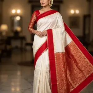 Silk Loomluxe Woven, Solid/Plain, Temple Border Kanjivaram Handloom Art Silk Saree (Red, Cream)