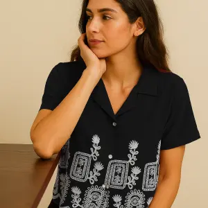 RAMRATAN CREATION Women Embroidered V Neck Cotton Blend Black T-Shirt