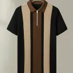 KAJARU Men Striped Polo Neck Cotton Blend Black, Brown, Beige T-Shirt