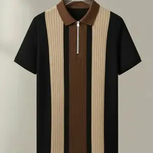 KAJARU Men Striped Polo Neck Cotton Blend Black, Brown, Beige T-Shirt