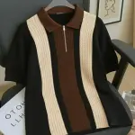 KAJARU Men Striped Polo Neck Cotton Blend Black, Brown, Beige T-Shirt